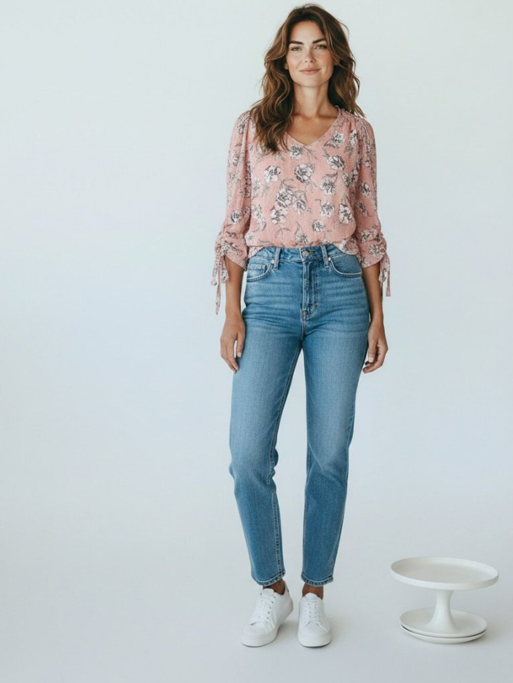 Everly Pink Floral Evening Blouse with Tie Sleeves Flattering in Size‎ Med